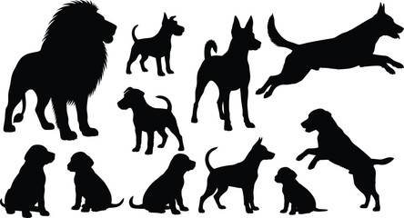 Dog silhouette vector, lion outline graphic, pet animal pose, canine breed shape, black animal icon, wildlife illustration art