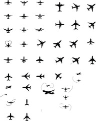 Diverse aircraft icon set for flight transportation and travel concepts. Design elements for airports. Aviation themed visual resource.