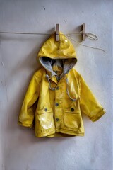 Child's hooded raincoat hanging indoor watercolor artwork close-up view