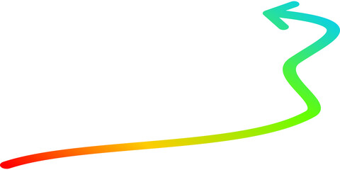 A hand-drawn wavy arrow with a vibrant rainbow gradient pointing left on a white background.