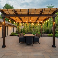 Fototapeta premium Cozy Outdoor Patio with Wood Pergola and String Lights at Dusk, Patio design ,Outdoor living