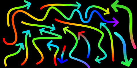 A collection of colorful, hand-drawn wavy arrows with a rainbow gradient on a black background, pointing in various directions.