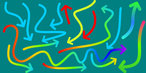 A vibrant collection of hand-drawn, colorful, and wavy arrows pointing in various directions on a teal background.