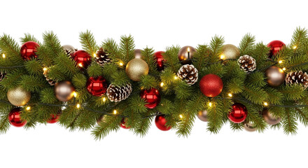 Festive christmas garland with red and gold ornaments, pine cones, and warm glowing lights isolated on transparent background, creating a cozy and inviting holiday atmosphere