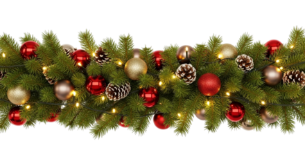 Festive christmas garland with red and gold ornaments, pine cones, and warm glowing lights isolated on transparent background, creating a cozy and inviting holiday atmosphere