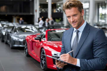 Man in suit reviews luxury cars at modern dealership during daytime