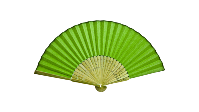 A vibrant green folding hand fan isolated on a transparent background.