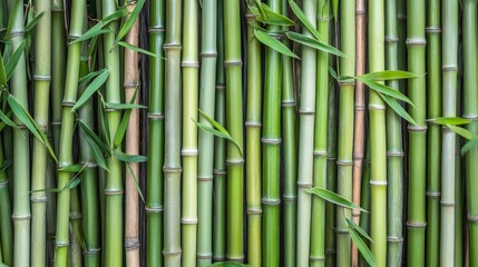 Fototapeta premium Green Bamboo Stalks with Leaves, Natural Wall Texture, Bamboo, Nature