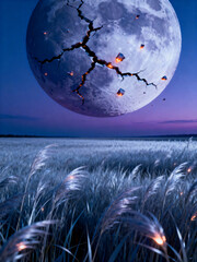 Cracked Glowing Moon Hovering Above Twilight Field of Swaying Grass  
