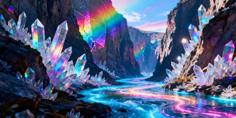 Vibrant Crystal Canyon with Rainbow Reflections and Flowing Iridescent River  
