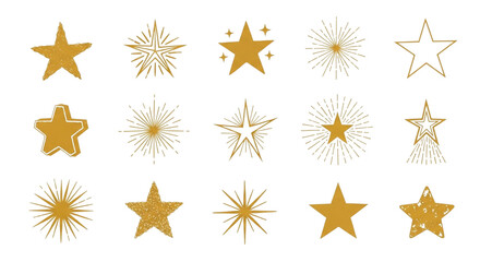 Collection of handdrawn golden starbursts and stars isolated on transparent background, perfect for adding a touch of celestial charm to your designs