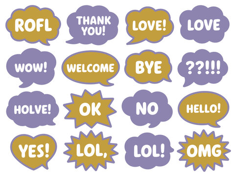 A collection of speech bubbles with various common phrases and acronyms.