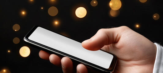 smartphone with online lottery app in hand, golden coins and sparkles around, winning moment, copy space