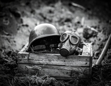 A black and white photograph features a steel helmet and gas mask resting on a wooden crate in a trench. - Powered by Adobe