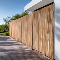 Obraz premium Minimalist Home with Bamboo Screen and Wooden Deck, Outdoor design, Landscaping