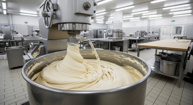Industrial mixer with dough in a commercial kitchen. - Powered by Adobe