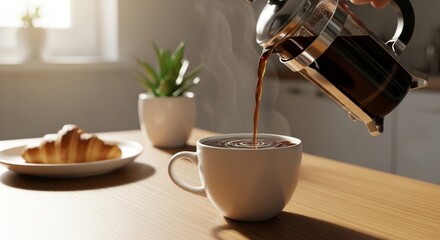 Pouring coffee into a mug with croissant and plant on the table.