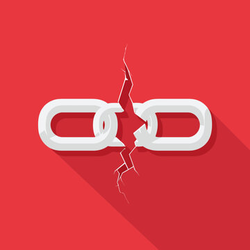 A broken chain link icon with red background graphic design