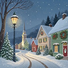 Cozy Christmas Village Snowy Night Church Wreaths Lantern Glow 