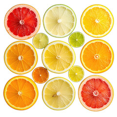 Obraz premium A vibrant overhead view of various citrus fruit slices arranged against a black background.