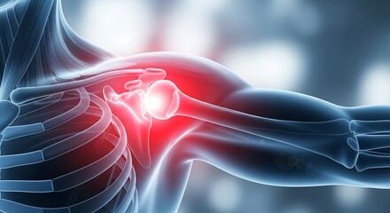 Human skeleton with shoulder pain highlighted in red on a blue background