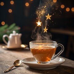 Magical Christmas Tea Cup Golden Stars Steam Bokeh Winter 