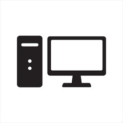 Desktop Computer PC Tower and Monitor Vector Icon Black Silhouette Isolated on White Background for Technology, Office, and Digital Design