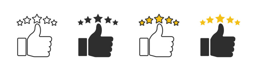 Five-star rating and review icon set with positive feedback, client satisfaction, approval and quality symbols on transparent background