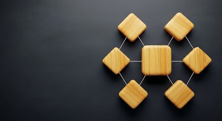 Wooden blocks connected by lines, illustrating a network or interconnected system