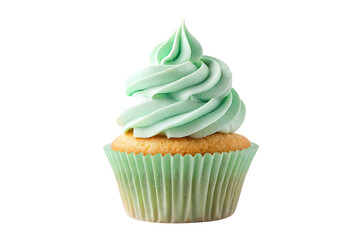 Delicious cupcake with mint green frosting on white background