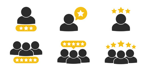 Five-star rating and review icon set with client feedback, quality, service, and positive symbols on transparent background