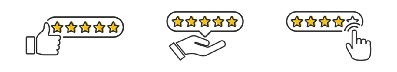 Five-star rating and review icon set with positive feedback, client satisfaction, quality and success symbols on transparent background