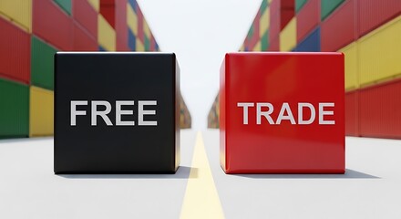 Free trade concept with cubes and containers, representing international commerce