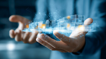 Hands hologram supply chain logistics technology innovation digital warehouse futuristic business. Hands presenting glowing holographic supply chain network with digital warehouse and logistics