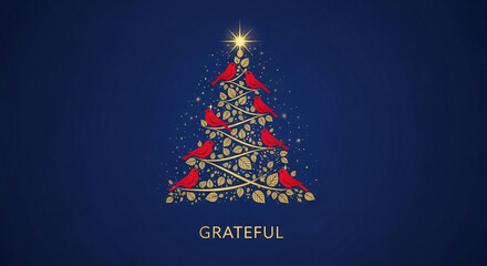 Stylized illustration of a tree shape with gold branches, leaves and red cardinal birds. The star and dust shine, showing grateful concept.