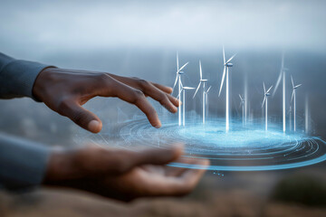 Hands holographic renewable energy dashboard wind turbine futuristic technology innovation clean energy sustainability digital interactive eco friendly environment power virtual display modern