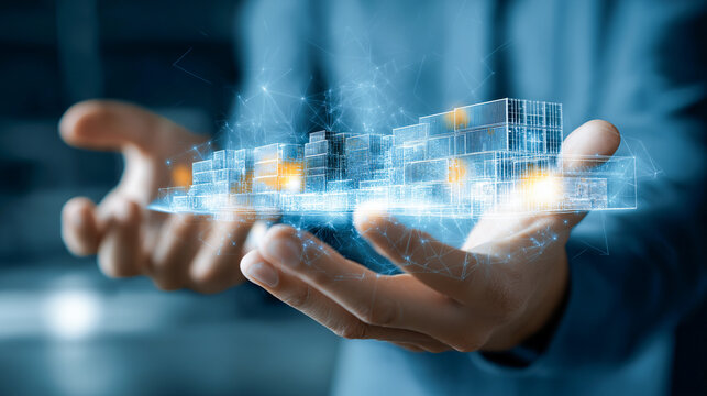 Hands hologram supply chain logistics technology innovation digital warehouse futuristic business. Hands presenting glowing holographic supply chain network with digital warehouse and logistics