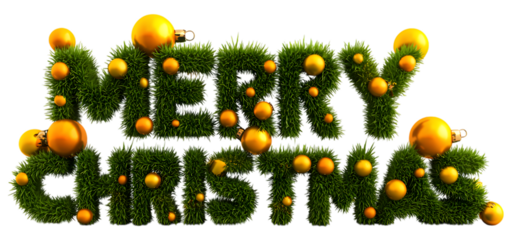 Merry christmas text made of grass and golden balls isolated on transparent background