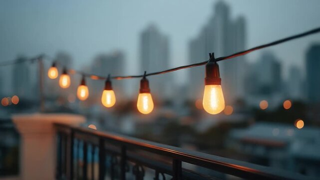 Urban Rooftop Scene with Warm String Lights and City Skyline at Dusk 4k video footage