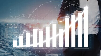 A businessman examines financial growth data using a smartphone, surrounded by a city skyline, showcasing modern trends in investment and market performance analytics. Copula - Powered by Adobe