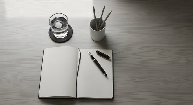 Minimalist workspace with open notebook pen glass of water and pencils