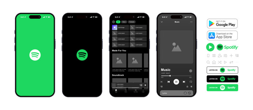 Spotify music streaming service app, phone page template mockup, Vector Editorial illustration