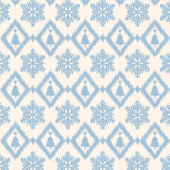 A seamless winter pattern featuring hand-drawn snowflakes and Christmas trees in a soft blue ikat style. Perfect for holiday textiles, wrapping paper, and seasonal designs
