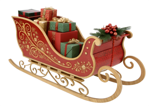 Classic Santa's Sleigh Loaded with Gifts Isolated on Transparent Background