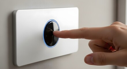Finger pressing illuminated doorbell button on neutral colored wall