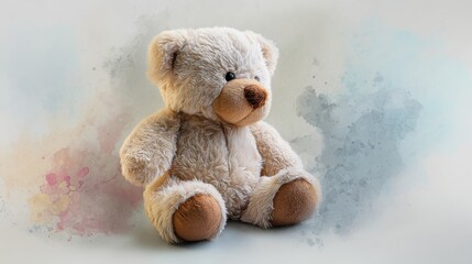 Plush teddy bear portrait watercolor style soft and cute indoor close-up