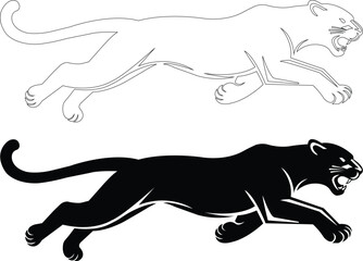 Panther icon set in black flat, line style. Featuring a powerful leaping wild cat illustration, aggressive predator symbol, ideal for mascot design. Wildlife animal isolated on transparent background.