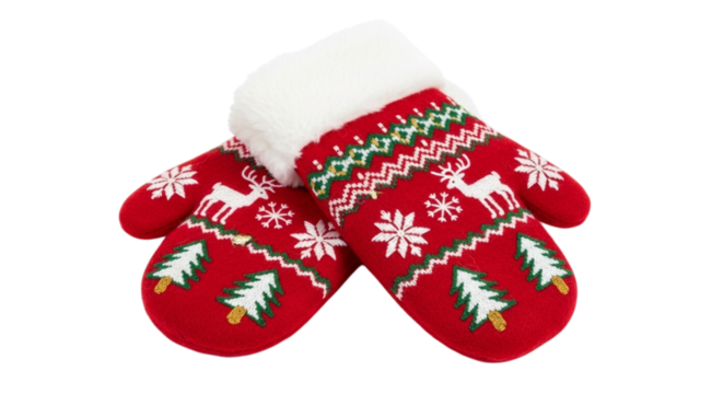 Pair of christmas mittens isolated on transparent background, a winter accessory