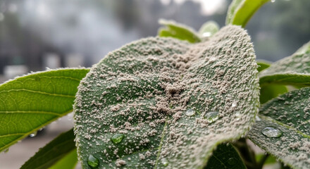 Closeup macro of frost on green cactus leaves in a cold nature garden