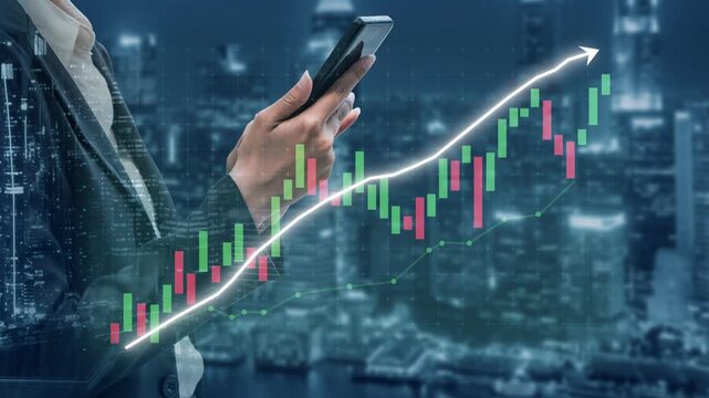 Business professional engages with stock market data on a smartphone, showcasing a glowing upward graph against a vibrant city skyline at night. Copula - Powered by Adobe